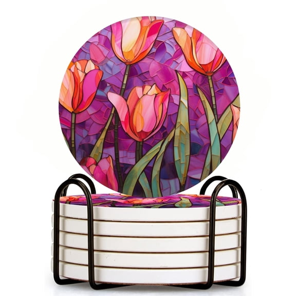 Bahomeck Drink Coasters Set Of 6 With Holder Stained Glass Tulips In Shades Of Pink And Orange Water Absorbent Ceramic Coasters Tabletop Protection,Suitable For Various Cup,Home Decor