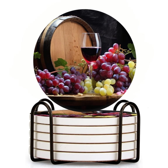 Bahomeck Drink Coasters Set Of 6 With Holder Still Life Of Grapes And Wine On The Table Water Absorbent Ceramic Coasters Tabletop Protection,Suitable For Various Cup,Home Decor