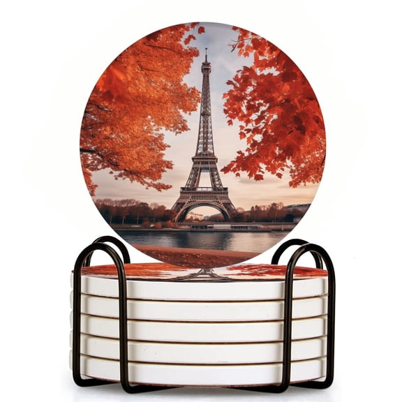 Bahomeck Drink Coasters Set Of 6 With Holder Stunning Autumn Scene Of The Eiffel Tower In Paris Water Absorbent Ceramic Coasters Tabletop Protection,Suitable For Various Cup,Home Decor