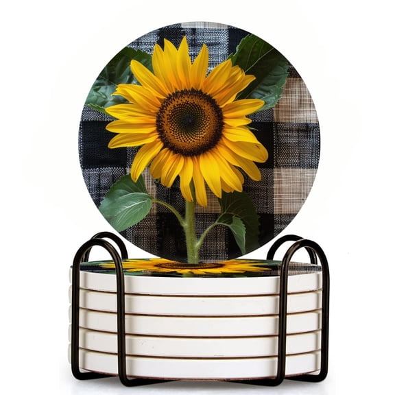 Bahomeck Drink Coasters Set Of 6 With Holder Sunflower On Checkered Water Absorbent Ceramic Coasters Tabletop Protection,Suitable For Various Cup,Home Decor