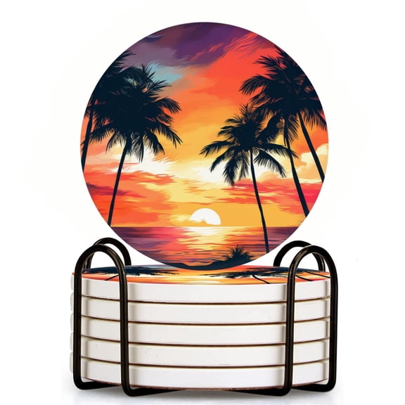Bahomeck Drink Coasters Set Of 6 With Holder Sunset View Seashore Beach Palms Tree Water Absorbent Ceramic Coasters Tabletop Protection,Suitable For Various Cup,Home Decor