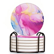 Bahomeck Drink Coasters Set Of 6 With Holder Swirling Patterns Of Pink And Blue Hues Water Absorbent Ceramic Coasters Tabletop Protection,Suitable For Various Cup,Home Decor