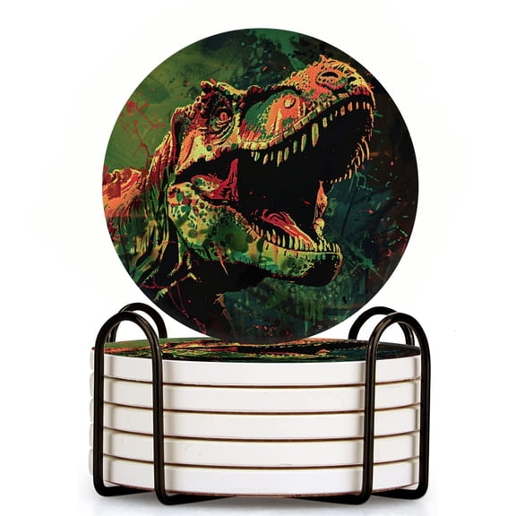 Bahomeck Drink Coasters Set Of 6 With Holder T-Rex With Open Mouth And Sharp Teeth Water Absorbent Ceramic Coasters Tabletop Protection,Suitable For Various Cup,Home Decor