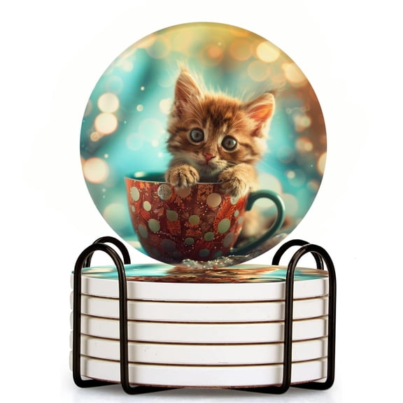 Bahomeck Drink Coasters Set Of 6 With Holder Tiny Kitten Sits In Ornate Polka-Dotted Coffee Cup Water Absorbent Ceramic Coasters Tabletop Protection,Suitable For Various Cup,Home Decor