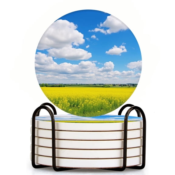 Bahomeck Drink Coasters Set Of 6 With Holder Vast Field Of Rapeseed Flowers Under The Blue Sky Water Absorbent Ceramic Coasters Tabletop Protection,Suitable For Various Cup,Home Decor