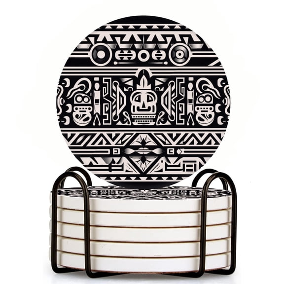 Bahomeck Drink Coasters Set Of 6 With Holder Vector Design Of Ancient Inca Border Pattern With Robot Motifs Water Absorbent Ceramic Coasters Tabletop Protection,Suitable For Various Cup,Home Decor