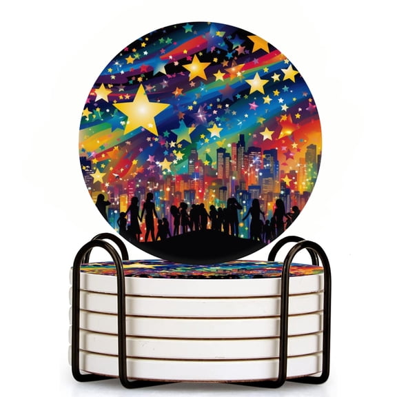 Bahomeck Drink Coasters Set Of 6 With Holder Vibrant Cityscape With Skyscrapers And Bustling Crowds Water Absorbent Ceramic Coasters Tabletop Protection,Suitable For Various Cup,Home Decor
