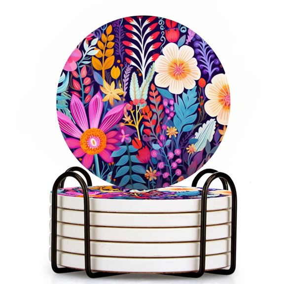 Bahomeck Drink Coasters Set Of 6 With Holder Vibrant And Colorful Illustration Of Enchanted Garden Water Absorbent Ceramic Coasters Tabletop Protection,Suitable For Various Cup,Home Decor