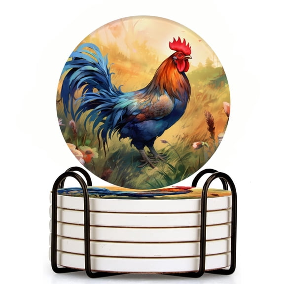 Bahomeck Drink Coasters Set Of 6 With Holder Vibrant Rooster Standing Tall In The Center Of Idyllic Farm Scene Water Absorbent Ceramic Coasters Tabletop Protection,Suitable For Various Cup,Home Decor