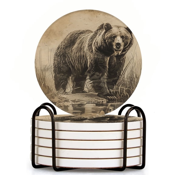 Bahomeck Drink Coasters Set Of 6 With Holder Vintage Illustration Of Old Grizzly Bear Standing In The Water Water Absorbent Ceramic Coasters Tabletop Protection,Suitable For Various Cup,Home Decor