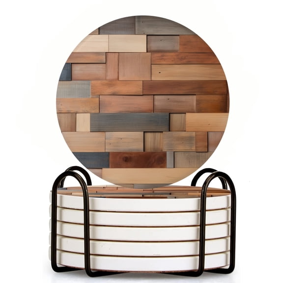 Bahomeck Drink Coasters Set Of 6 With Holder Wall Made Of Different Wooden Blocks Water Absorbent Ceramic Coasters Tabletop Protection,Suitable For Various Cup,Home Decor