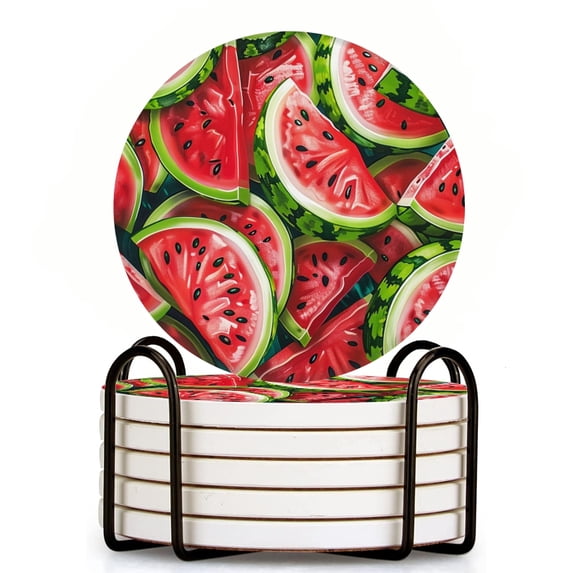 Bahomeck Drink Coasters Set Of 6 With Holder Watermelon Slices In Vibrant Reds Water Absorbent Ceramic Coasters Tabletop Protection,Suitable For Various Cup,Home Decor