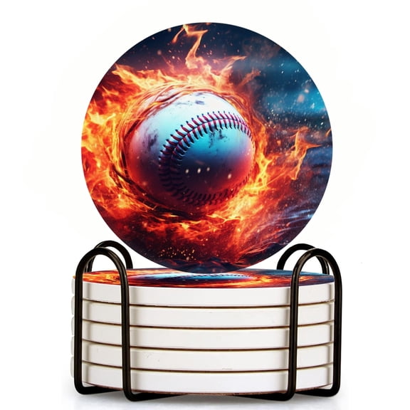Bahomeck Drink Coasters Set Of 6 With Holder White Baseball Surrounded By Flames Water Absorbent Ceramic Coasters Tabletop Protection,Suitable For Various Cup,Home Decor