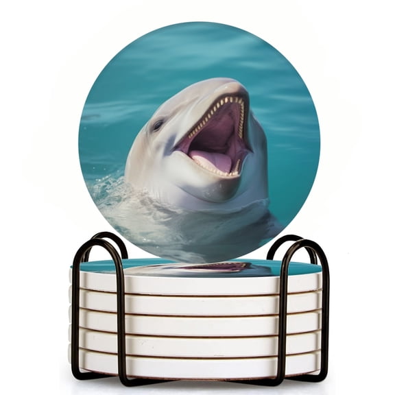 Bahomeck Drink Coasters Set Of 6 With Holder White Dolphin With Open Mouth Laughing In The Water Water Absorbent Ceramic Coasters Tabletop Protection,Suitable For Various Cup,Home Decor