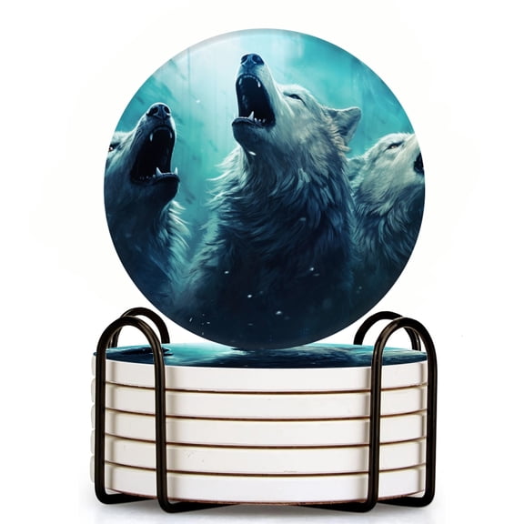 Bahomeck Drink Coasters Set Of 6 With Holder White Wolves Howling In The Style Of Fantasy Art Water Absorbent Ceramic Coasters Tabletop Protection,Suitable For Various Cup,Home Decor