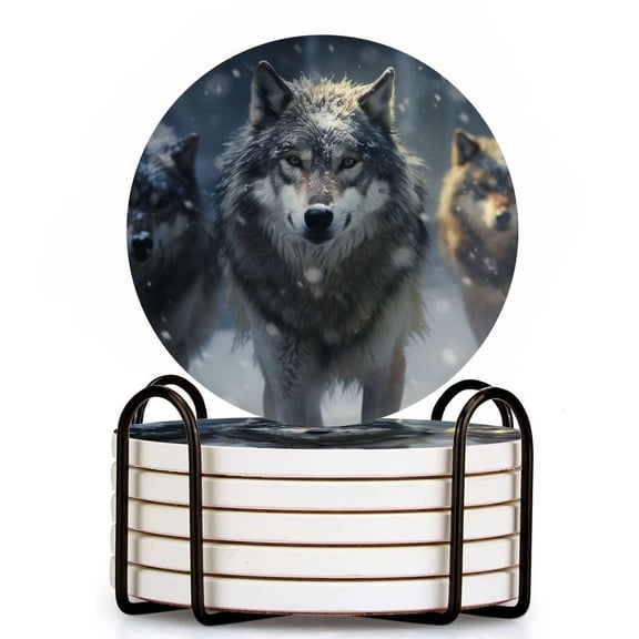 Bahomeck Drink Coasters Set Of 6 With Holder Wolves Walking In The Snow Water Absorbent Ceramic Coasters Tabletop Protection,Suitable For Various Cup,Home Decor