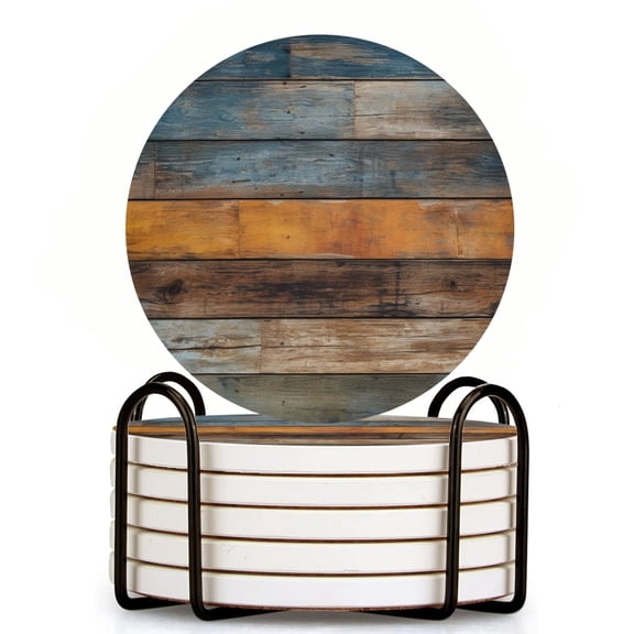 Bahomeck Drink Coasters Set Of 6 With Holder Wooden Wall With Aged And Weathered Look Water Absorbent Ceramic Coasters Tabletop Protection,Suitable For Various Cup,Home Decor