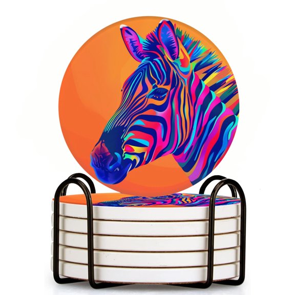Bahomeck Drink Coasters Set Of 6 With Holder Zebra In The Style Of Pop Art With Bright Colors Water Absorbent Ceramic Coasters Tabletop Protection,Suitable For Various Cup,Home Decor