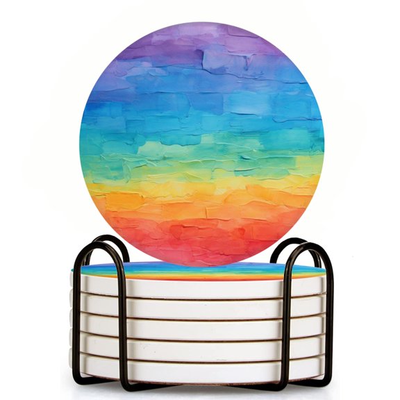Bahomeck Drink Coasters Set Of 6 With Holder Abstract Rainbow Textured Oil Painting Water Absorbent Ceramic Coasters Tabletop Protection,Suitable For Various Cup,Home Decor