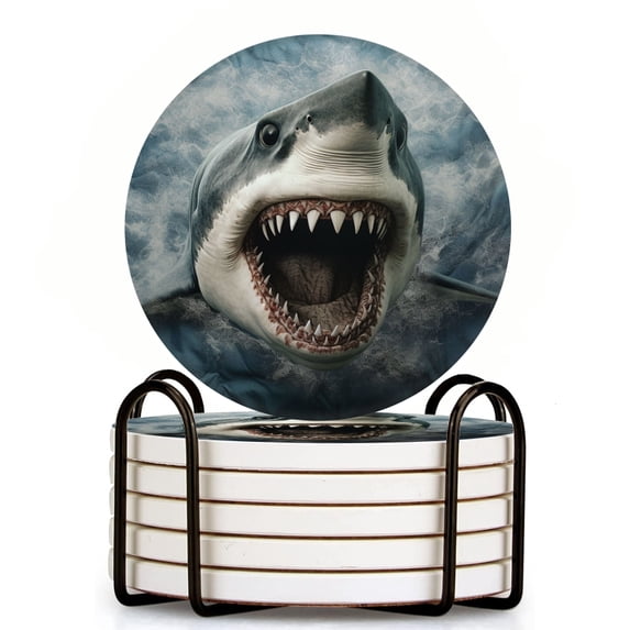 Bahomeck Drink Coasters Set Of 6 With Holder Angry Shark With Mouth Open Water Absorbent Ceramic Coasters Tabletop Protection,Suitable For Various Cup,Home Decor
