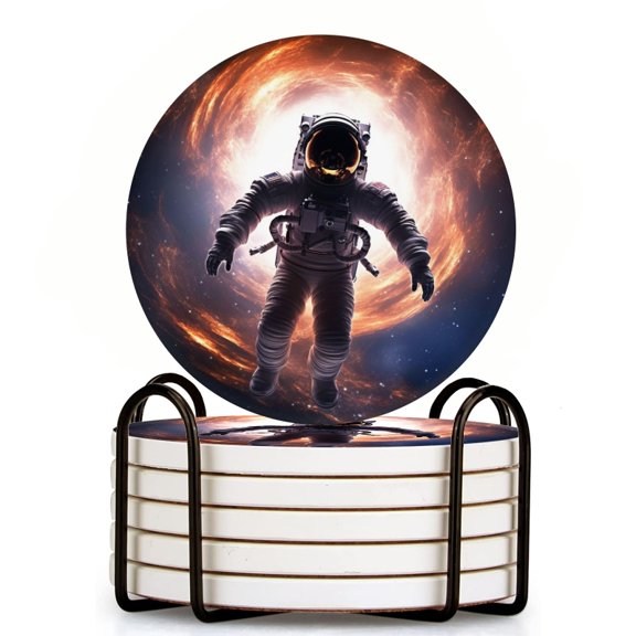 Bahomeck Drink Coasters Set Of 6 With Holder Astronaut Floating In Space Surrounded By Swirling Galaxies Water Absorbent Ceramic Coasters Tabletop Protection,Suitable For Various Cup,Home Decor