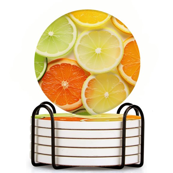Bahomeck Drink Coasters Set Of 6 With Holder Background Of Different Citrus Slices And Orange Water Absorbent Ceramic Coasters Tabletop Protection,Suitable For Various Cup,Home Decor