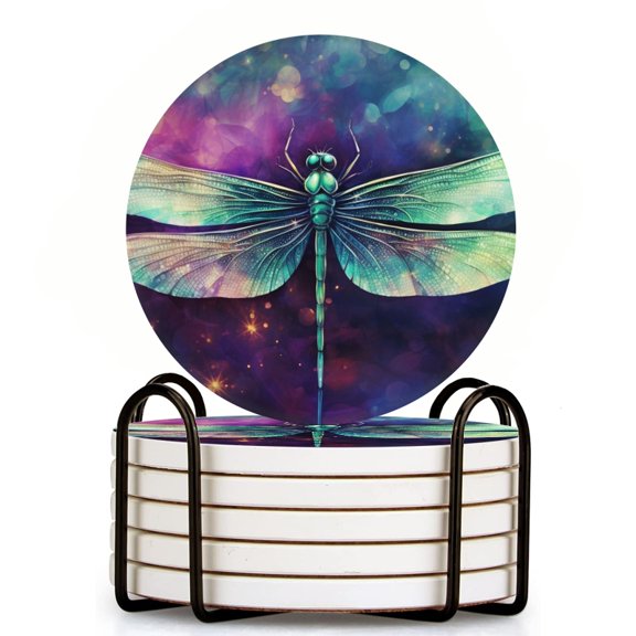 Bahomeck Drink Coasters Set Of 6 With Holder Beautiful Dragonfly In The Style Of Fantasy Art Water Absorbent Ceramic Coasters Tabletop Protection,Suitable For Various Cup,Home Decor