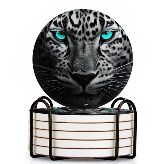 Bahomeck Drink Coasters Set Of 6 With Holder Black And White Leopard With Glowing Eyes Water Absorbent Ceramic Coasters Tabletop Protection,Suitable For Various Cup,Home Decor