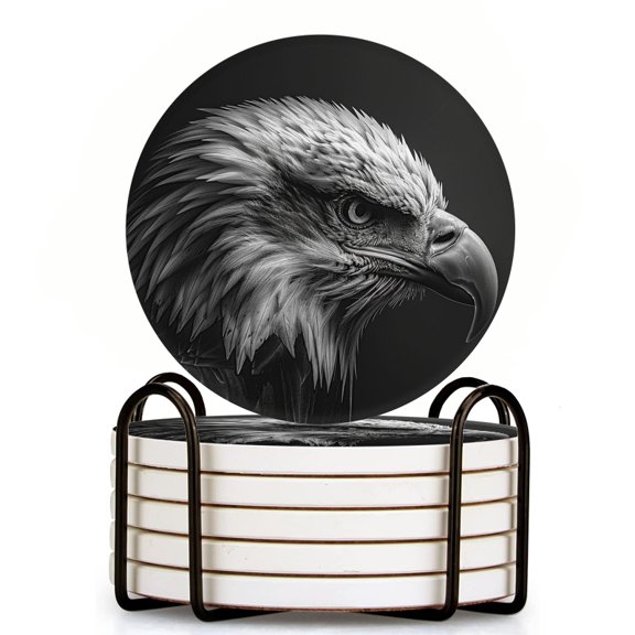 Bahomeck Drink Coasters Set Of 6 With Holder Black And White Portrait Of Eagle Water Absorbent Ceramic Coasters Tabletop Protection,Suitable For Various Cup,Home Decor