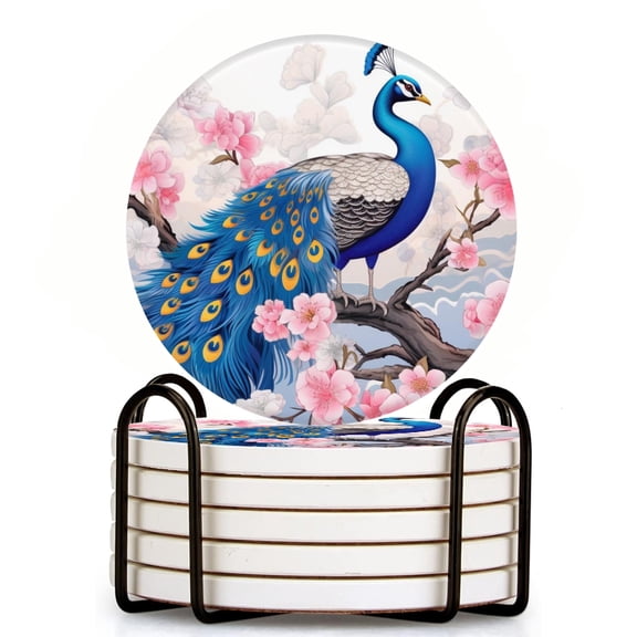 Bahomeck Drink Coasters Set Of 6 With Holder Blue Peacock With Golden Plum Blossoms Water Absorbent Ceramic Coasters Tabletop Protection,Suitable For Various Cup,Home Decor