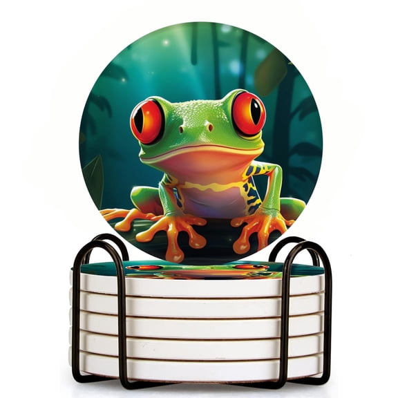 Bahomeck Drink Coasters Set Of 6 With Holder Cartoon Red-Eyed Tree Frog In The Jungle Water Absorbent Ceramic Coasters Tabletop Protection,Suitable For Various Cup,Home Decor