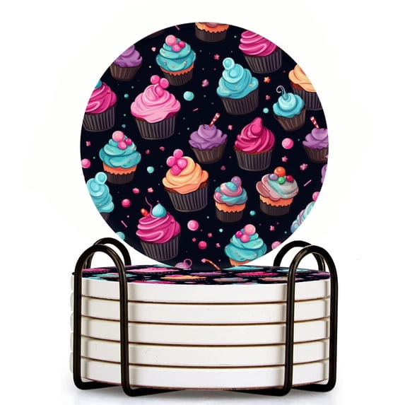 Bahomeck Drink Coasters Set Of 6 With Holder Cupcake Pattern Cartoon Style Water Absorbent Ceramic Coasters Tabletop Protection,Suitable For Various Cup,Home Decor