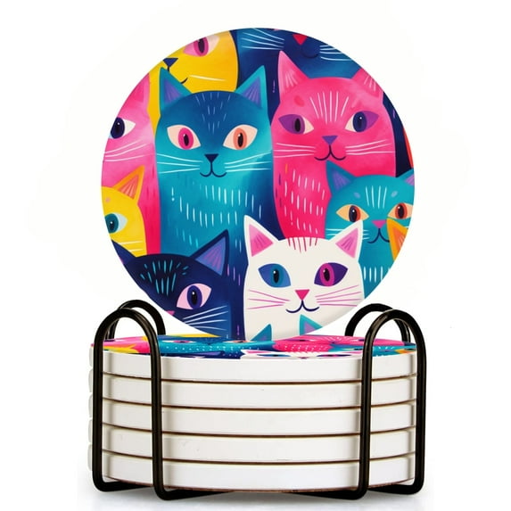 Bahomeck Drink Coasters Set Of 6 With Holder Cute Cartoon Cat Faces Of Various Colors And Arranged In Rows Water Absorbent Ceramic Coasters Tabletop Protection,Suitable For Various Cup,Home Decor