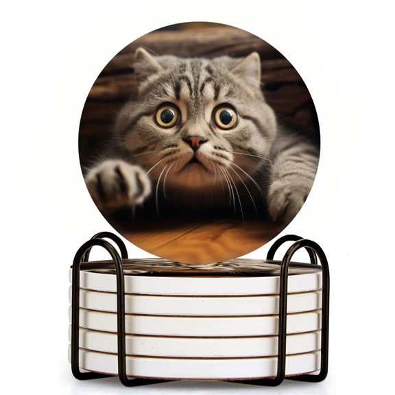 Bahomeck Drink Coasters Set Of 6 With Holder Cute Gray Scottish Fold Cat Pokes Head Out Water Absorbent Ceramic Coasters Tabletop Protection,Suitable For Various Cup,Home Decor