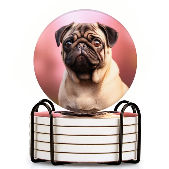 Bahomeck Drink Coasters Set Of 6 With Holder Cute Pug Dog Water Absorbent Ceramic Coasters Tabletop Protection,Suitable For Various Cup,Home Decor