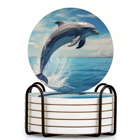 Bahomeck Drink Coasters Set Of 6 With Holder Dolphin Jumping Out Of The Sea Water Absorbent Ceramic Coasters Tabletop Protection,Suitable For Various Cup,Home Decor