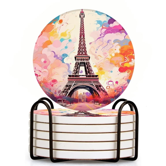 Bahomeck Drink Coasters Set Of 6 With Holder Eiffel Tower In Paris Of Colorful Illustration Style Water Absorbent Ceramic Coasters Tabletop Protection,Suitable For Various Cup,Home Decor