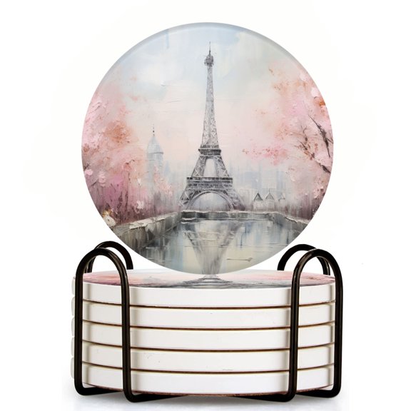 Bahomeck Drink Coasters Set Of 6 With Holder Eiffel Tower Surrounded By Blooming Cherry Blossom Trees Water Absorbent Ceramic Coasters Tabletop Protection,Suitable For Various Cup,Home Decor