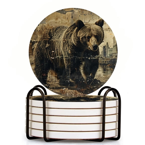 Bahomeck Drink Coasters Set Of 6 With Holder Grizzly Bear In The Style Of Old Collage With Torn Paper Edges Water Absorbent Ceramic Coasters Tabletop Protection,Suitable For Various Cup,Home Decor