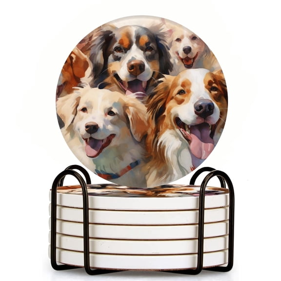 Bahomeck Drink Coasters Set Of 6 With Holder Group Of Dogs With Happy And Joyful Expressions Water Absorbent Ceramic Coasters Tabletop Protection,Suitable For Various Cup,Home Decor
