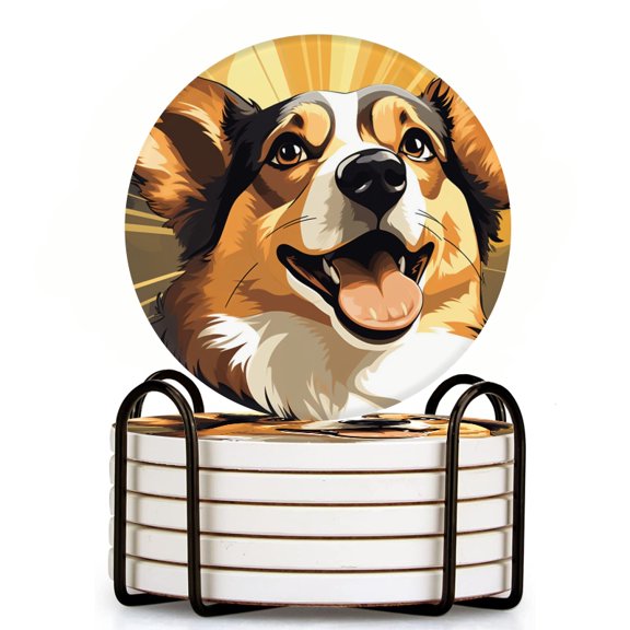 Bahomeck Drink Coasters Set Of 6 With Holder Happy Corgi Dog With Yellow Rays Of Light In The Background Water Absorbent Ceramic Coasters Tabletop Protection,Suitable For Various Cup,Home Decor