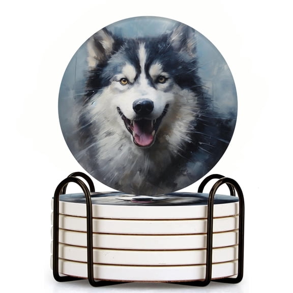 Bahomeck Drink Coasters Set Of 6 With Holder Happy Husky Dog Water Absorbent Ceramic Coasters Tabletop Protection,Suitable For Various Cup,Home Decor