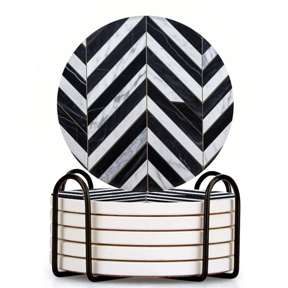 Bahomeck Drink Coasters Set Of 6 With Holder Herringbone Pattern Made Of Black And White Marble Tiles (2) Water Absorbent Ceramic Coasters Tabletop Protection,Suitable For Various Cup,Home Decor