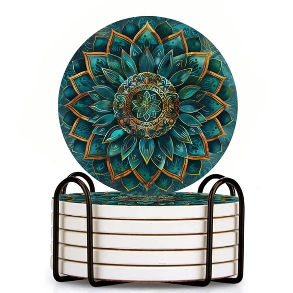 Bahomeck Drink Coasters Set Of 6 With Holder Mandala With Lotus Flower In Turquoise And Gold Water Absorbent Ceramic Coasters Tabletop Protection,Suitable For Various Cup,Home Decor