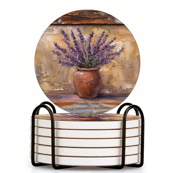 Bahomeck Drink Coasters Set Of 6 With Holder Oil Painting Of Lavender In Old Clay Pot Water Absorbent Ceramic Coasters Tabletop Protection,Suitable For Various Cup,Home Decor