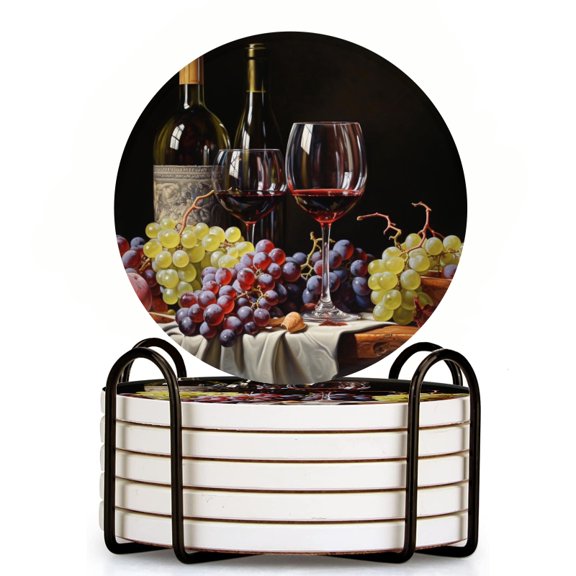 Bahomeck Drink Coasters Set Of 6 With Holder Oil Painting Of Wine And Grapes Water Absorbent Ceramic Coasters Tabletop Protection,Suitable For Various Cup,Home Decor