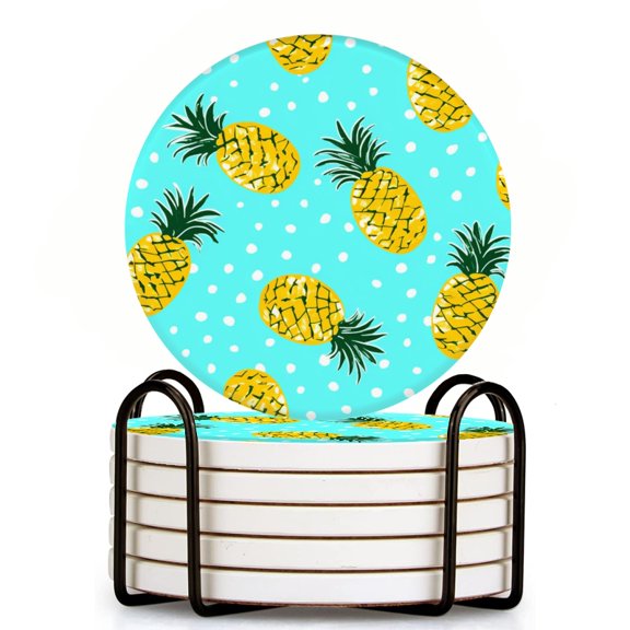 Bahomeck Drink Coasters Set Of 6 With Holder Pineapple Pattern With Cute Cartoon Style (1) Water Absorbent Ceramic Coasters Tabletop Protection,Suitable For Various Cup,Home Decor