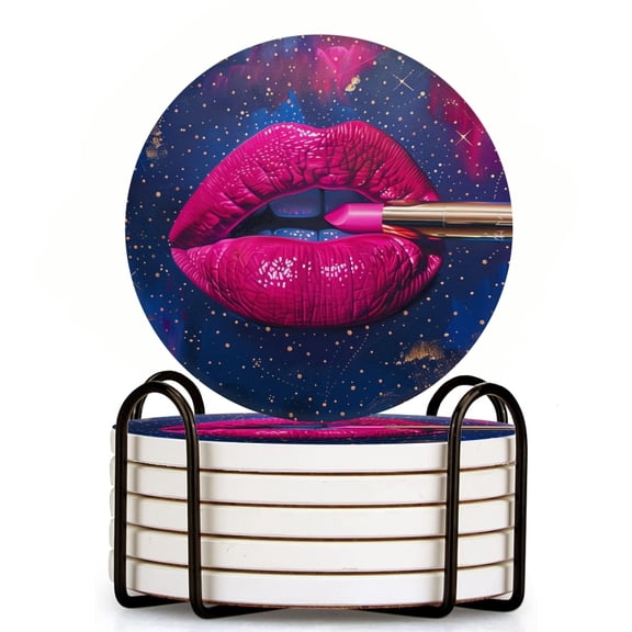 Bahomeck Drink Coasters Set Of 6 With Holder Pink Lipstick In The Shape Of Lips Lying On Abstract Background Water Absorbent Ceramic Coasters Tabletop Protection,Suitable For Various Cup,Home Decor