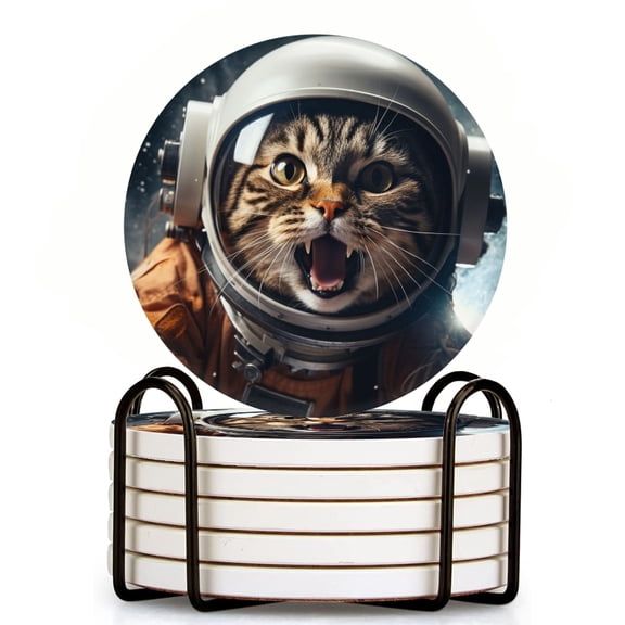 Bahomeck Drink Coasters Set Of 6 With Holder Portrait Of Astronaut Cat Screaming In Space Suit Water Absorbent Ceramic Coasters Tabletop Protection,Suitable For Various Cup,Home Decor