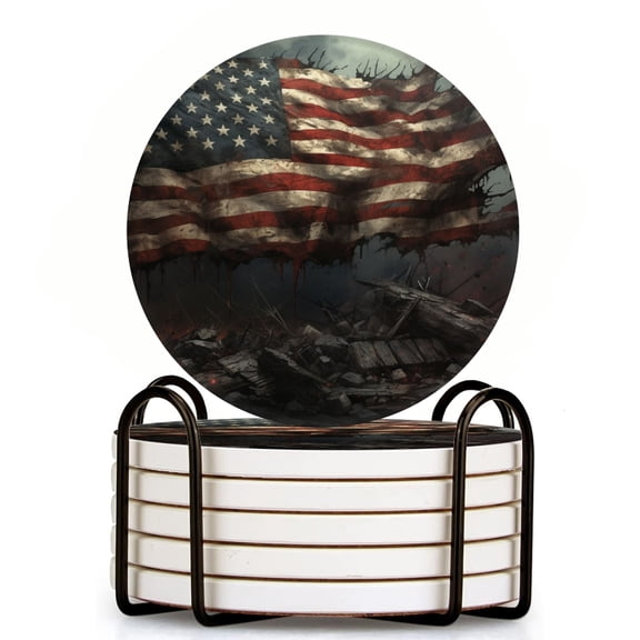 Bahomeck Drink Coasters Set Of 6 With Holder The American Flag Atop A Pile Of Rubble And Torn And Destroyed Water Absorbent Ceramic Coasters Tabletop Protection,Suitable For Various Cup,Home Decor